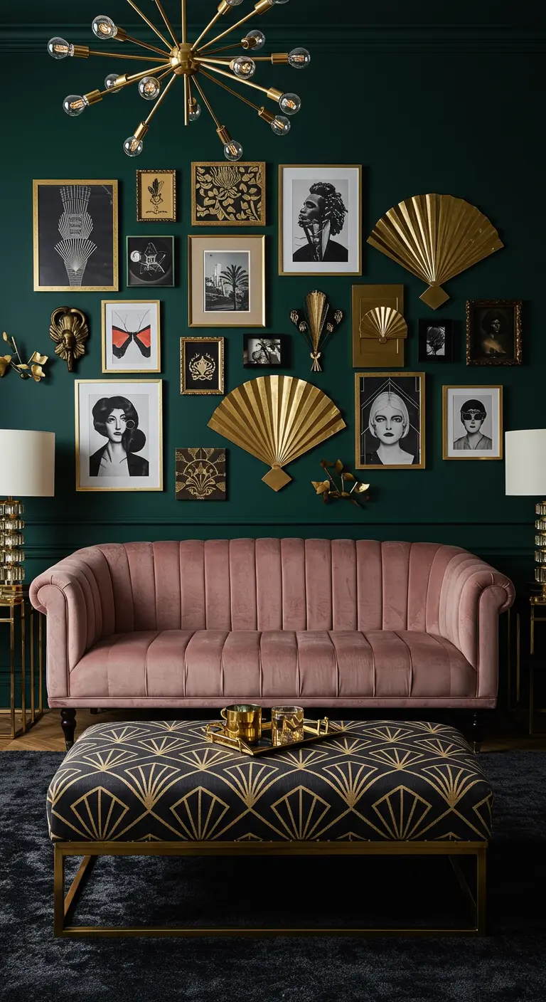 Art Deco lounge with a dark teal wall, pink velvet sofa, and a gold-accented gallery wall.
