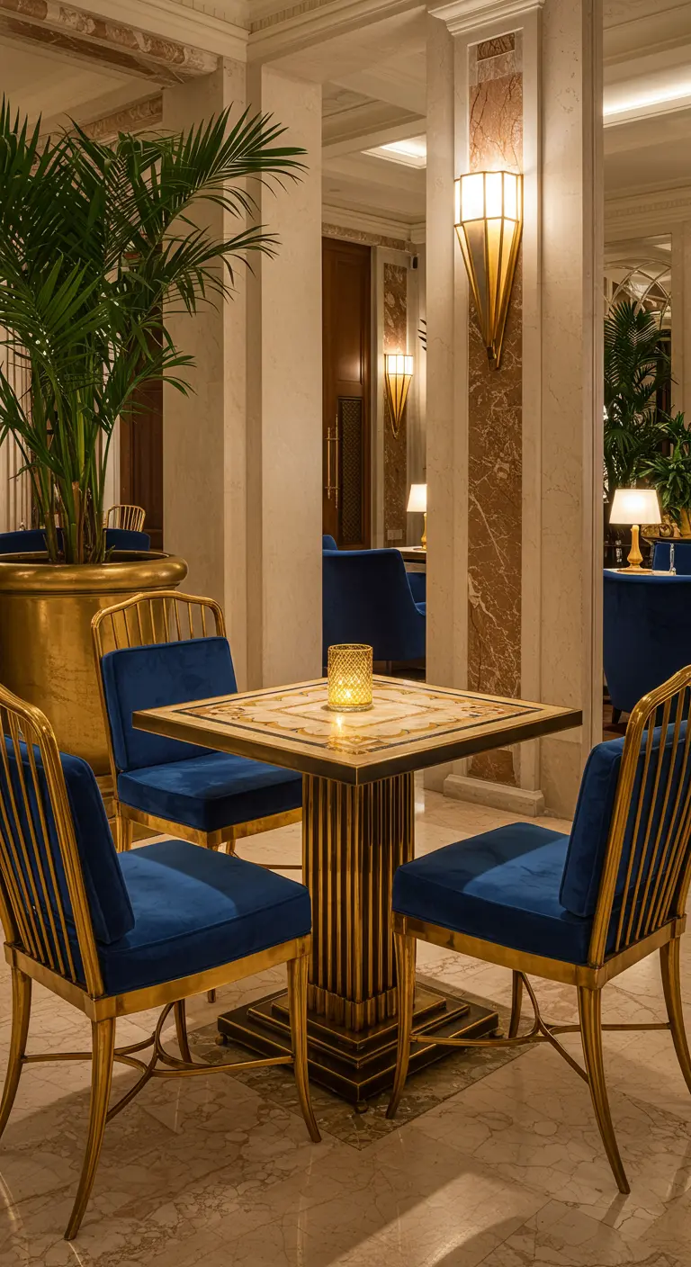 A gold and blue velvet bistro set with a mosaic table in a luxe, classic interior.