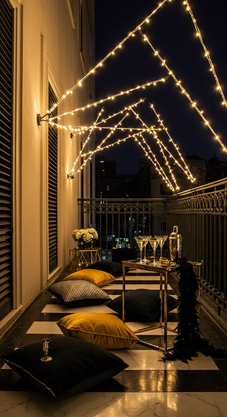 Balcony with geometric string lights, gold accents, and black and yellow cushions.
