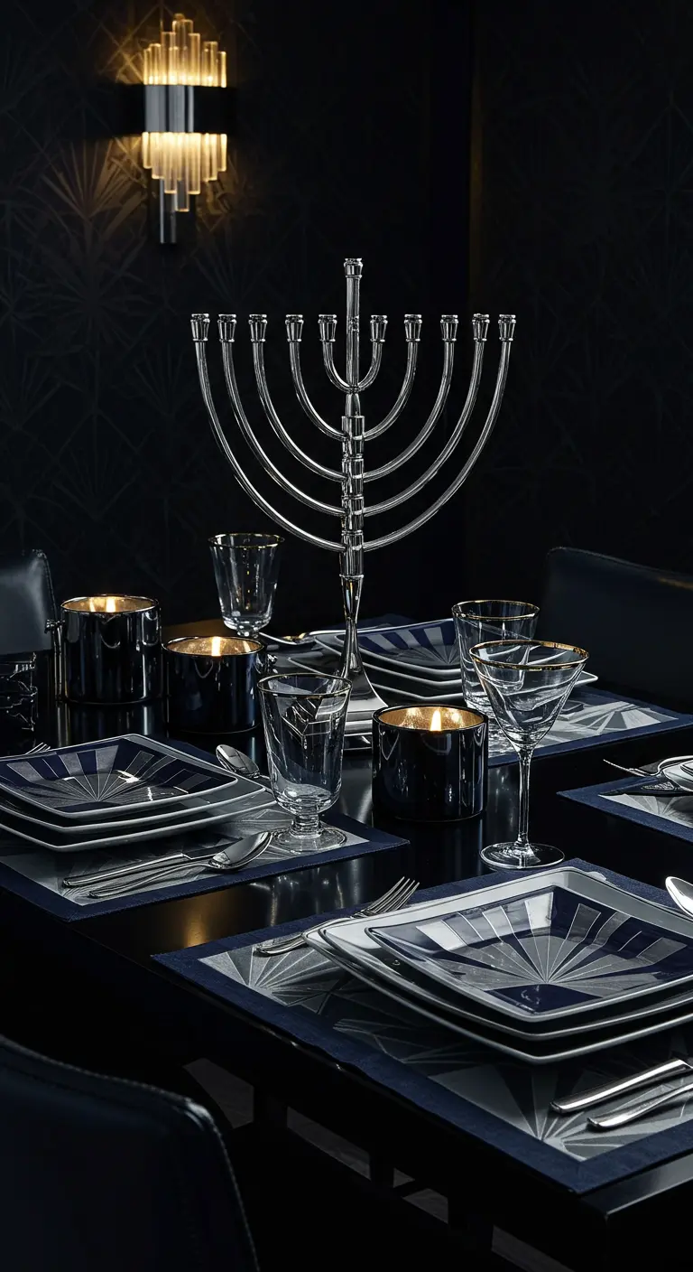 A moody Art Deco Hanukkah table with geometric plates, dark colors, and a silver menorah.