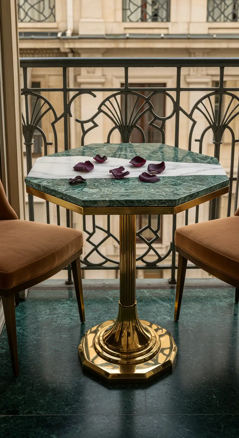 An octagonal green and white marble table with a brass base on a balcony with a tiled floor.