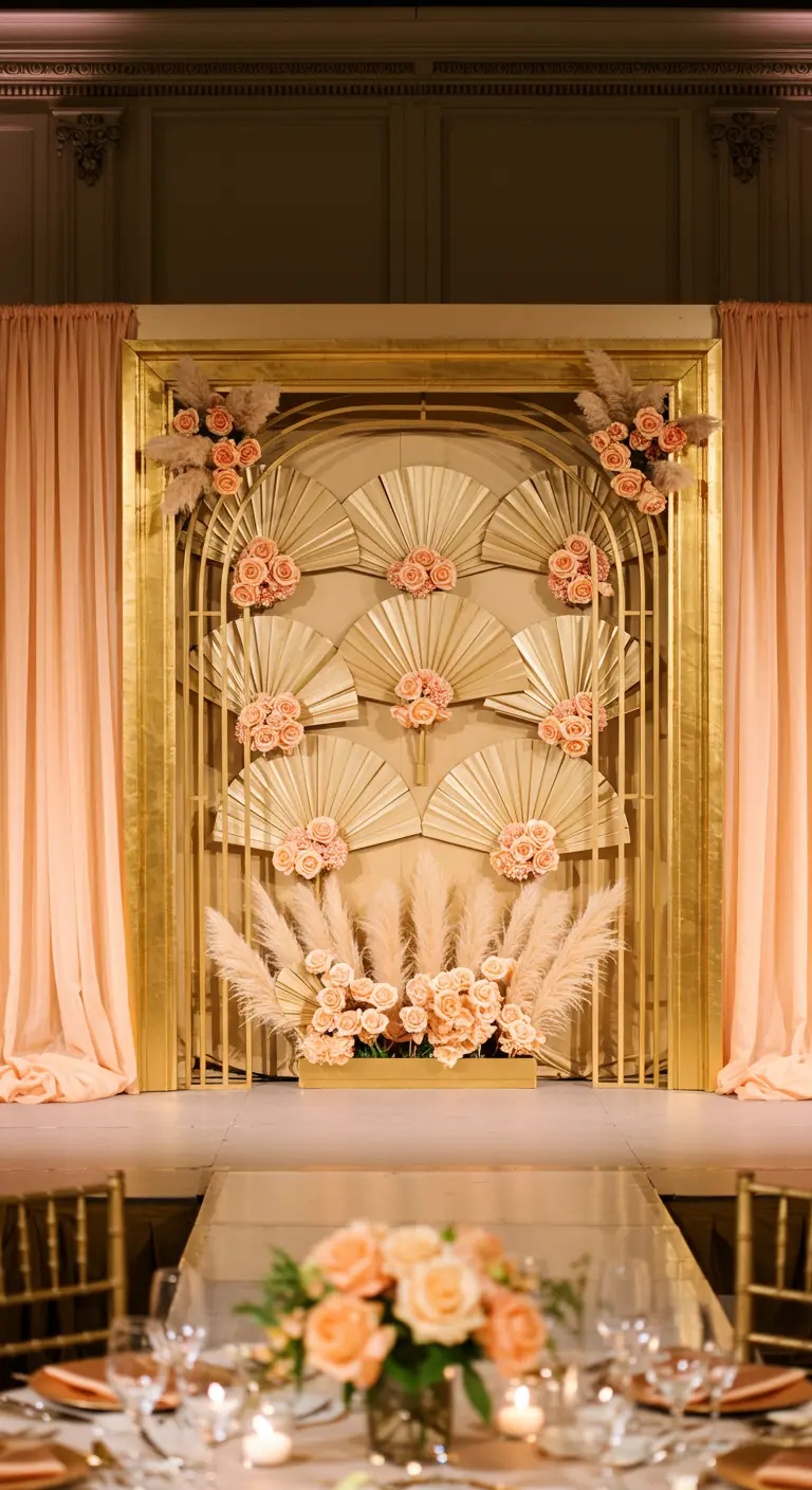 Art Deco-inspired backdrop with gold palm fans, peach roses, and pampas grass.
