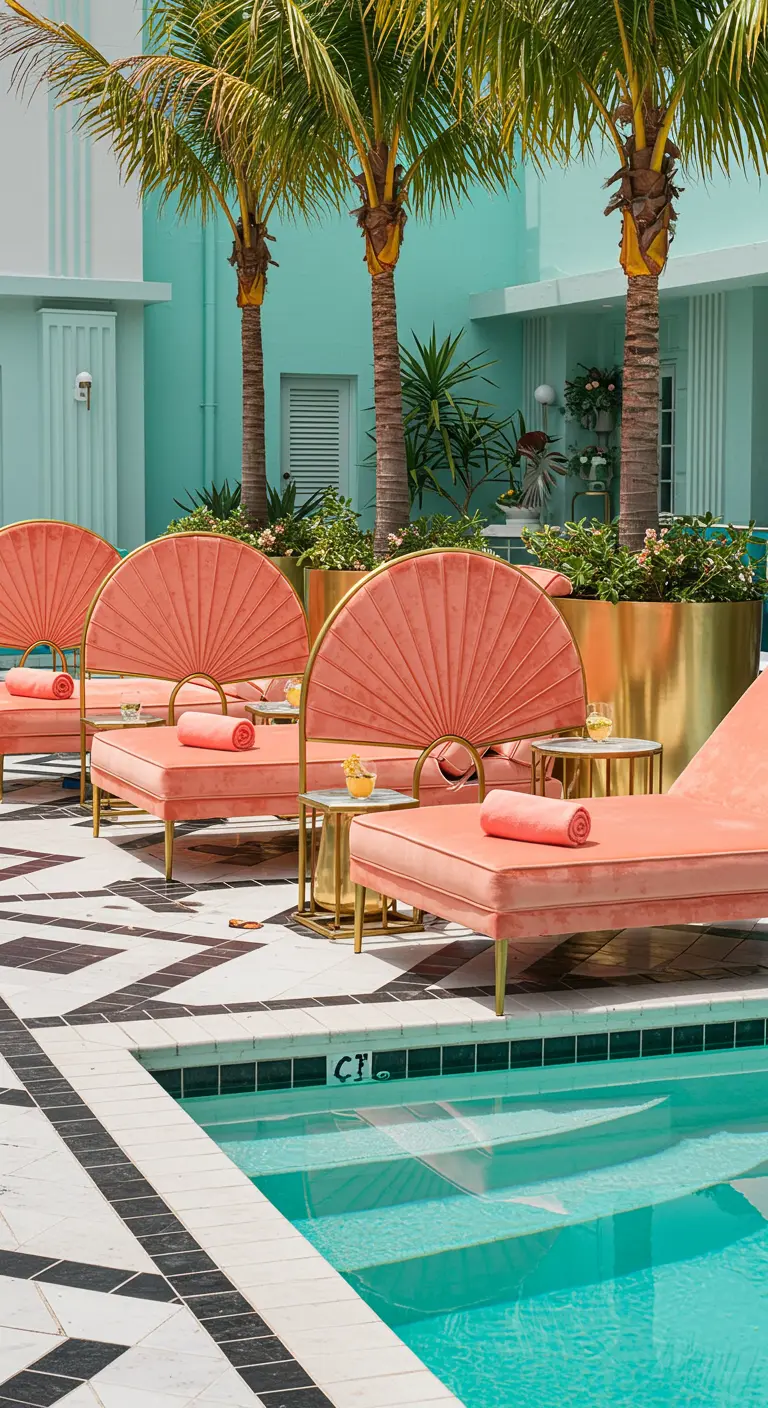 Coral pink Art Deco chaises with fan-shaped backs by a pool with geometric tiles.