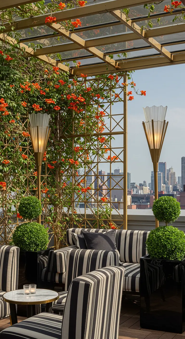 Glamorous rooftop terrace with a gold trellis, trumpet vines, and black-and-white striped furniture.