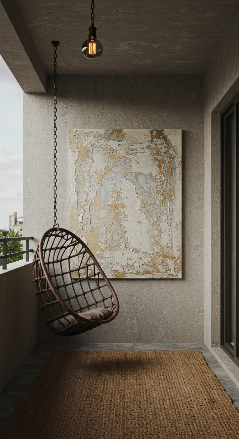 A minimalist balcony with a dark hanging chair facing a large piece of abstract textured art.