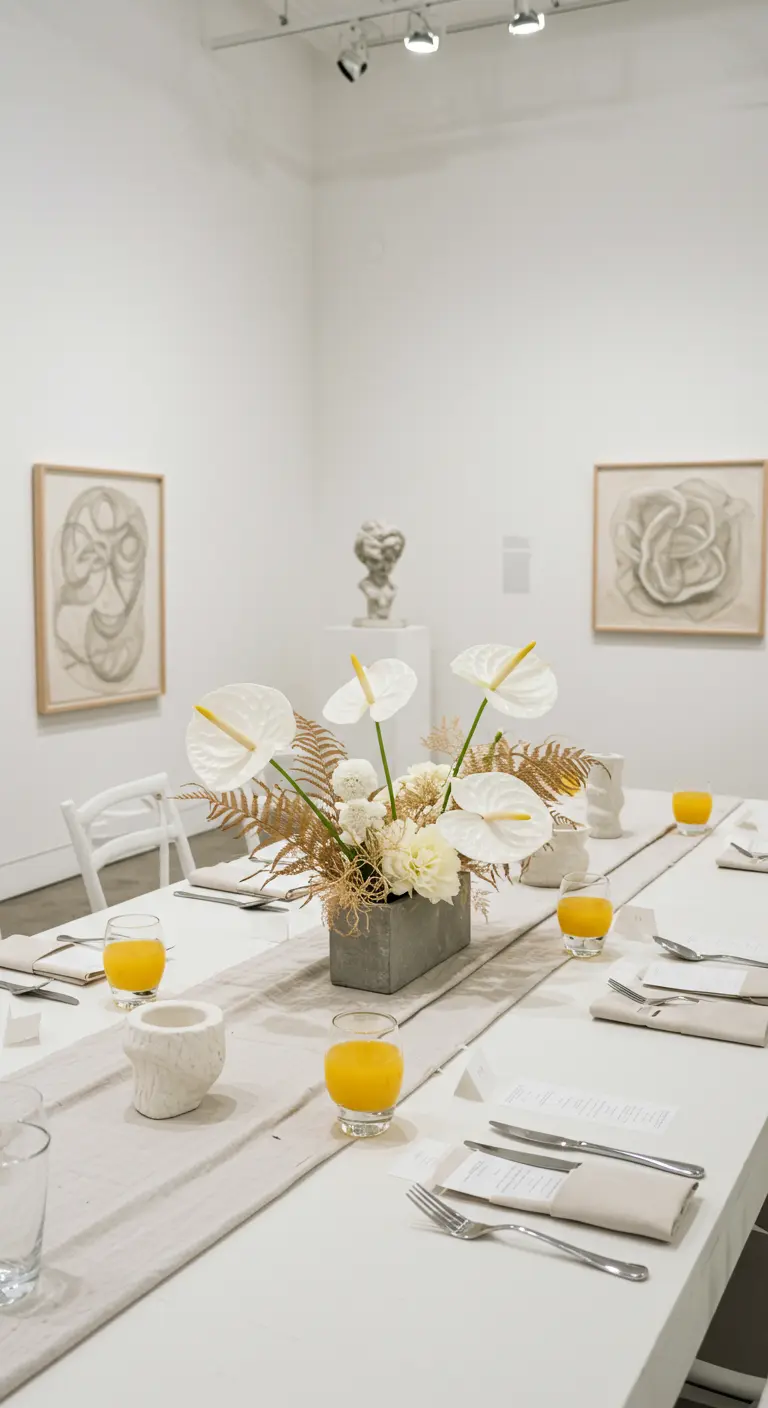 A minimalist white table in an art gallery with a sculptural floral centerpiece.