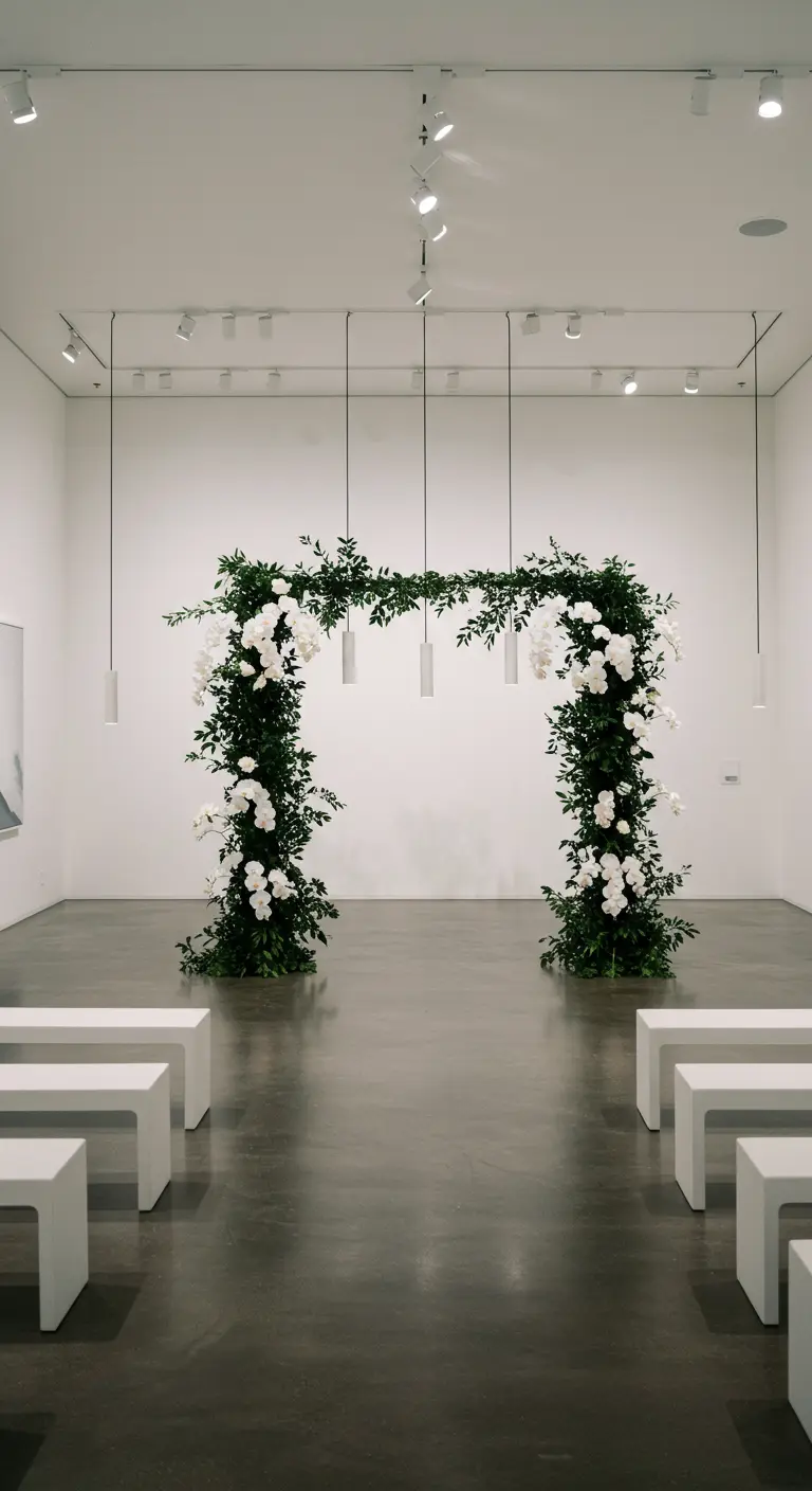 A minimalist greenery arch with white orchids and modern pendant lights in a white gallery space.