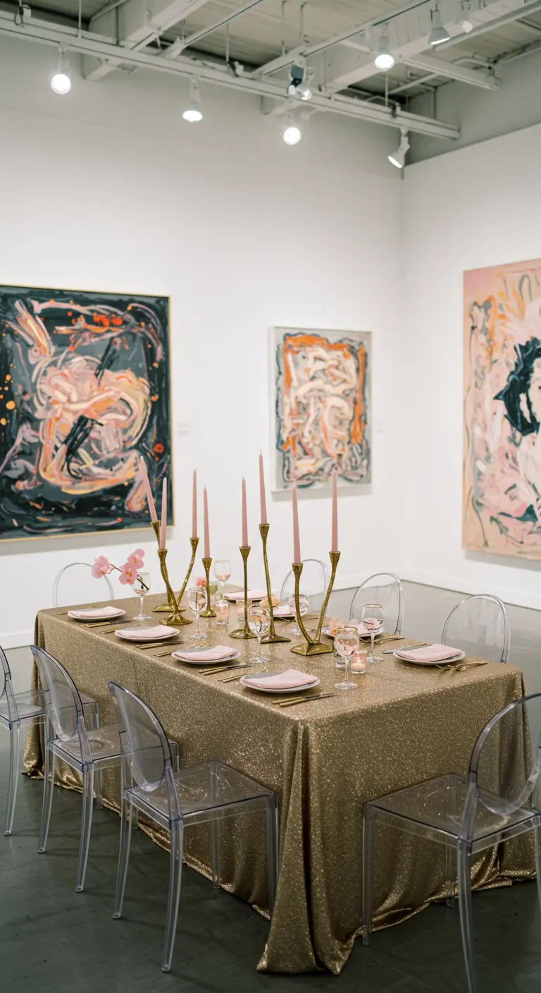 A minimalist party table with a sequin tablecloth set in a modern art gallery.