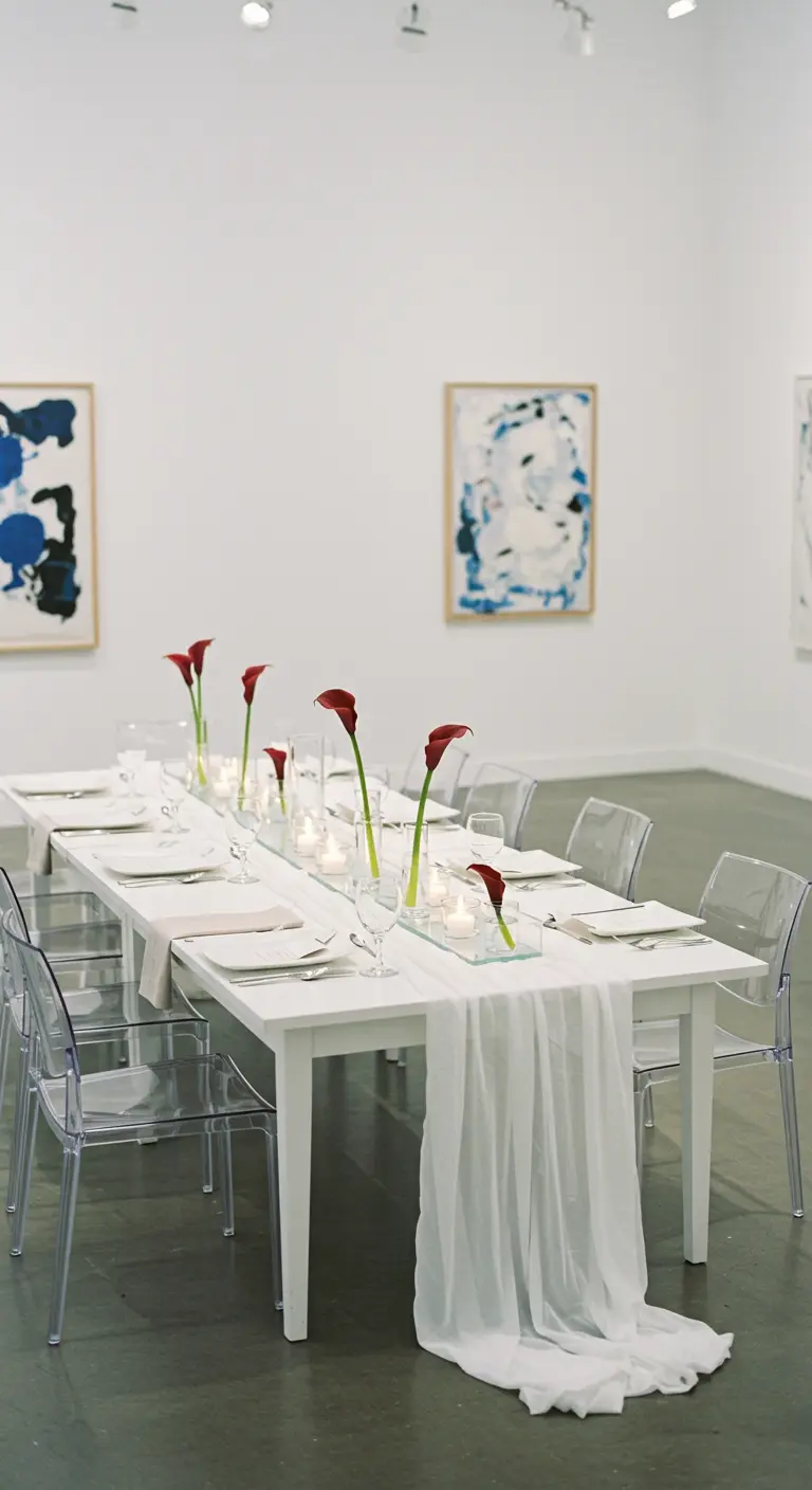 Minimalist white table in an art gallery with a sheer runner and red calla lilies.