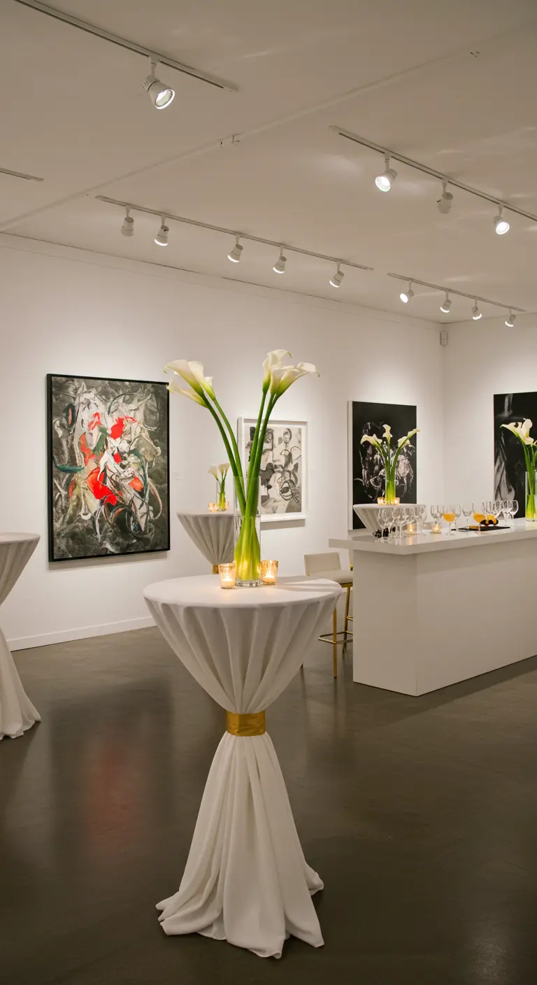 A tall cocktail table in an art gallery, draped in white with a gold band.