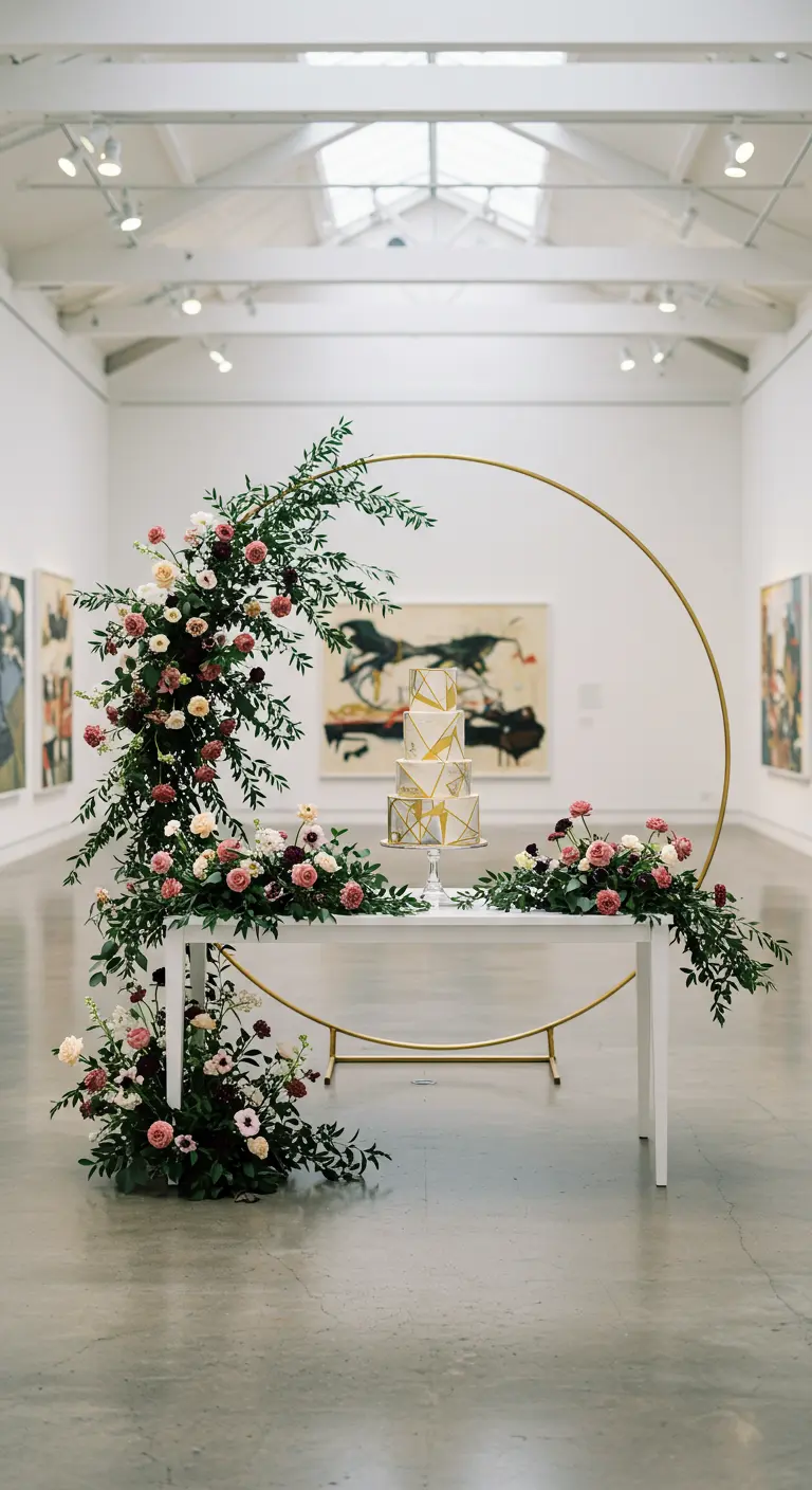 Modern wedding cake table in an art gallery with a gold hoop and asymmetrical floral decor.