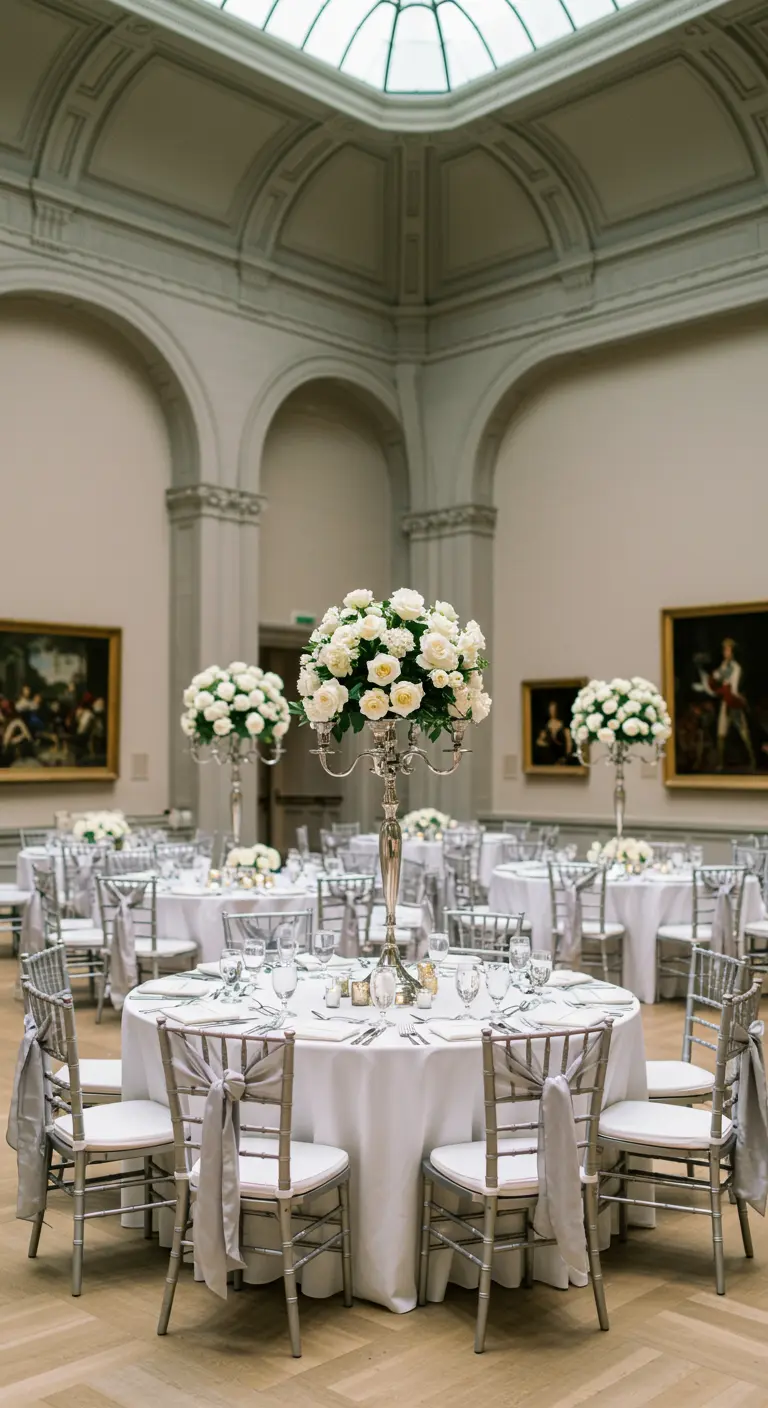 Elegant museum wedding reception with silver chairs, white linens, and tall white floral centerpieces.