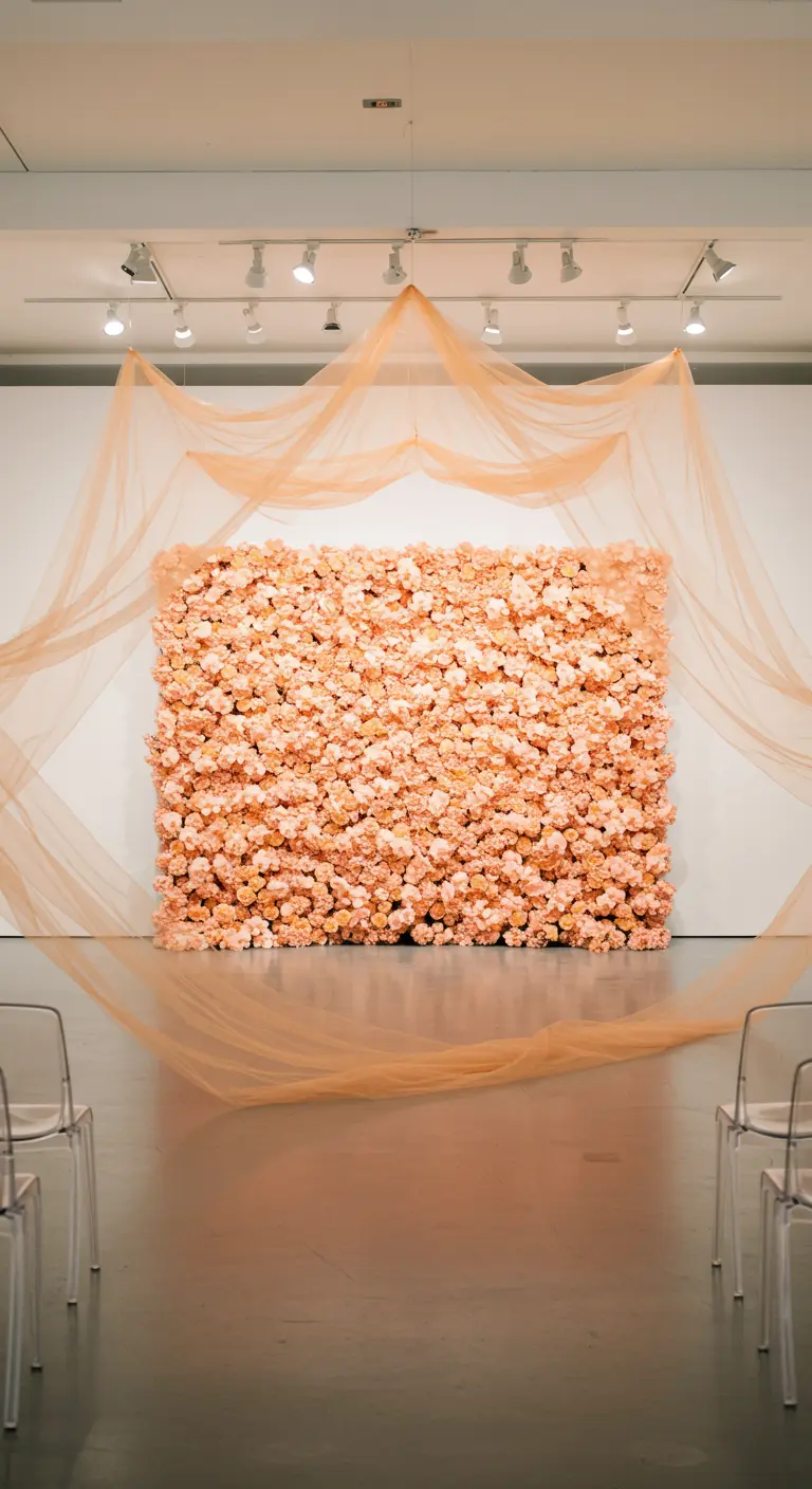 A peach flower wall in a white gallery space, framed by four large drapes of sheer peach tulle.
