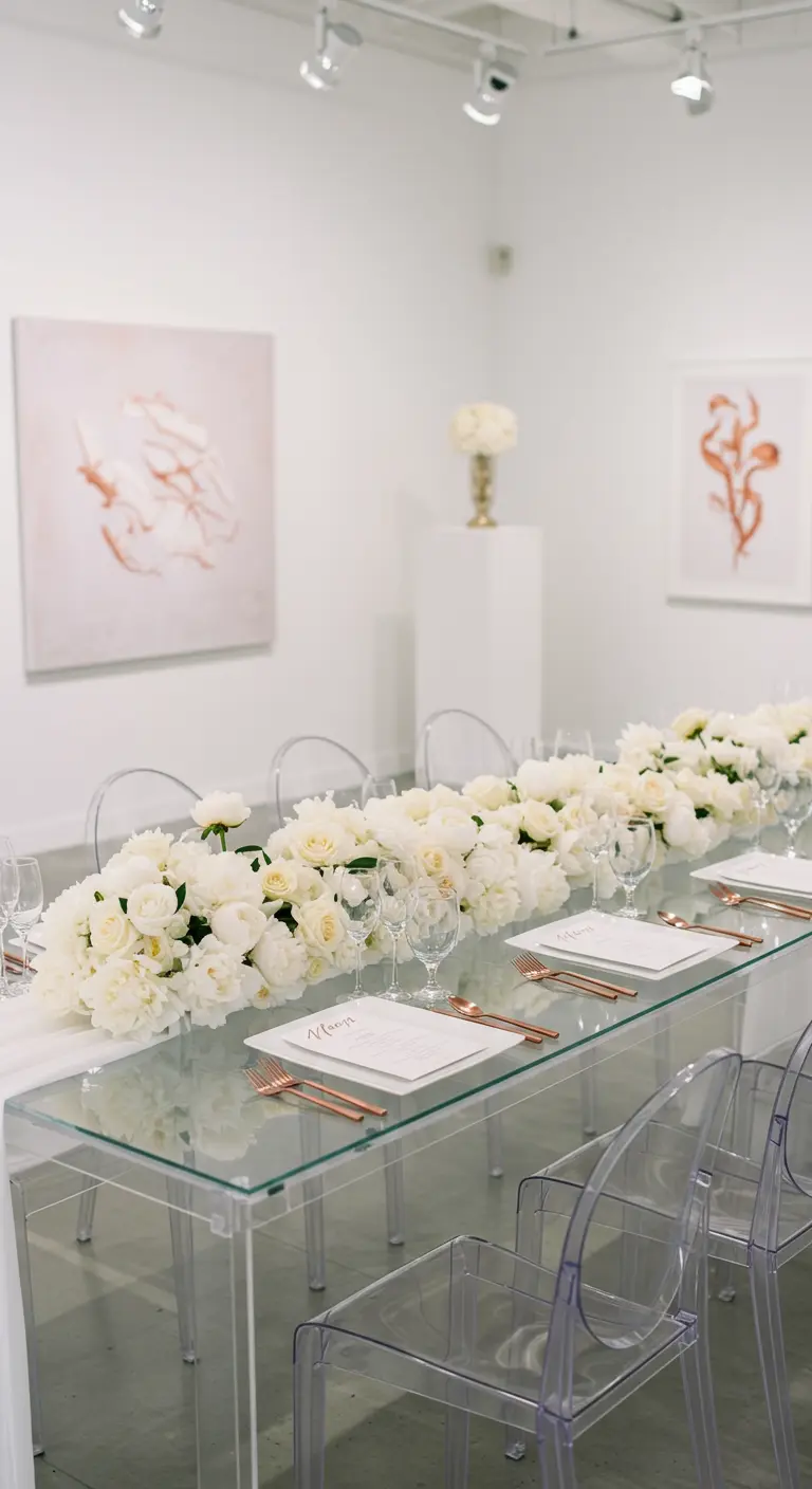 Glass table in a white gallery with a lush all-white floral runner.