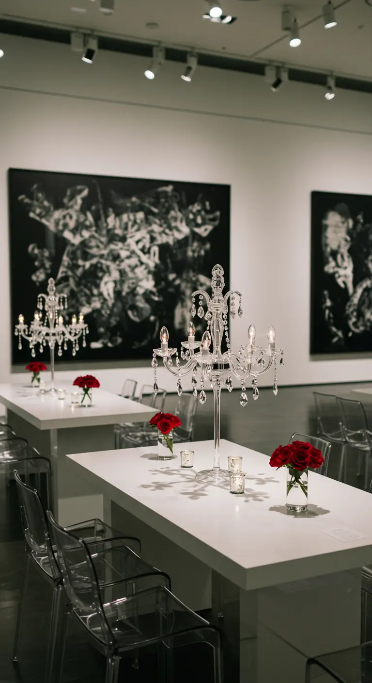 A minimalist art gallery reception with white tables, clear chairs, and simple glass candelabras.