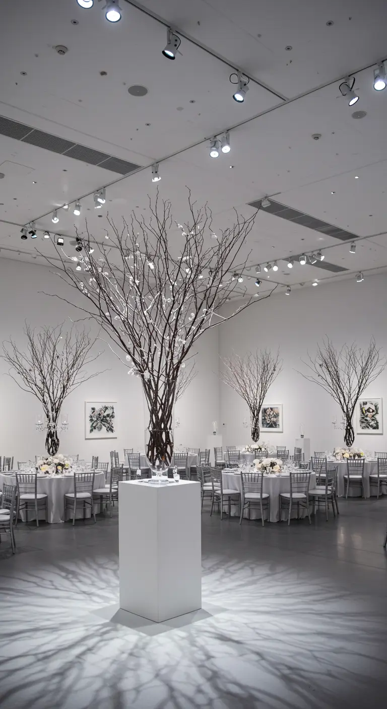 A minimalist white gallery space with a large, sculptural branch centerpiece on a white pedestal.