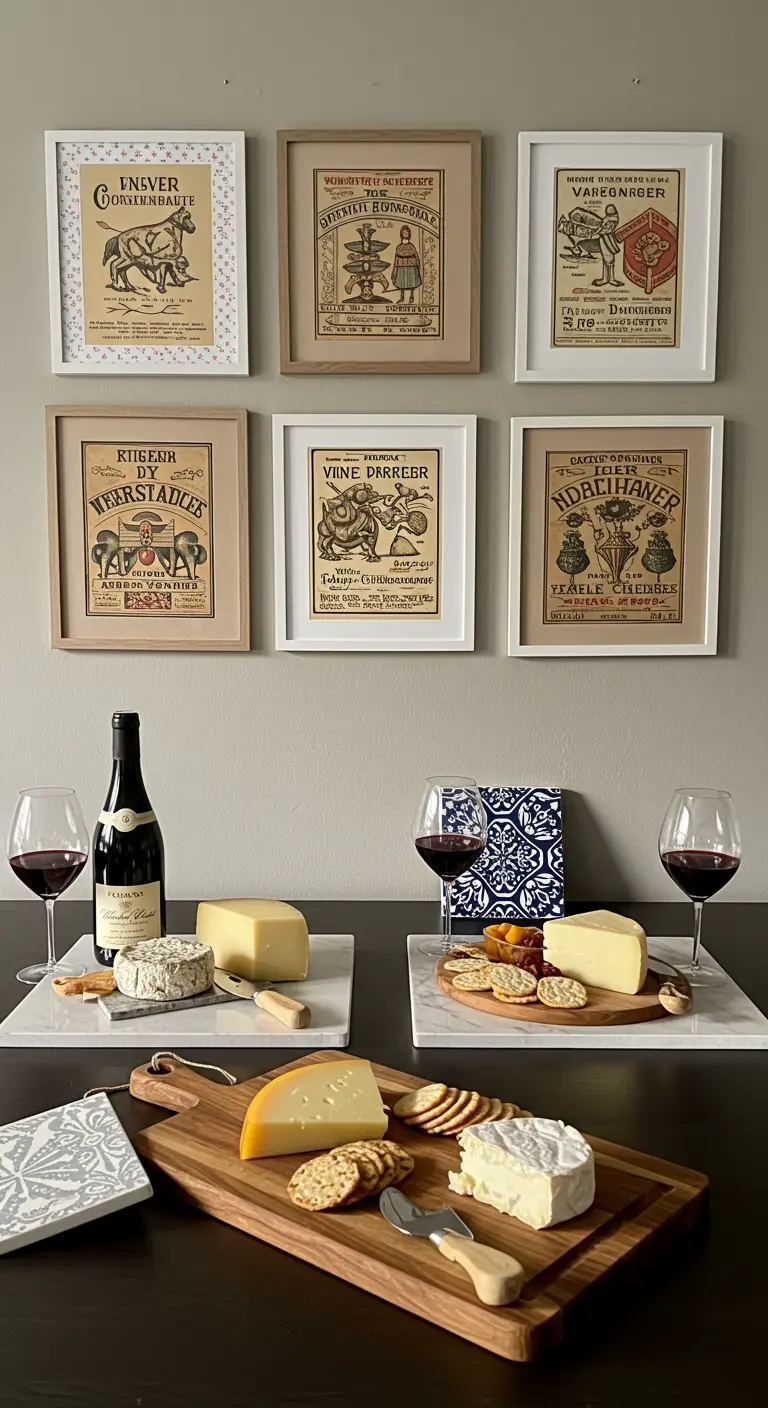 A gallery wall of vintage-style prints above a table with wine and cheese boards.