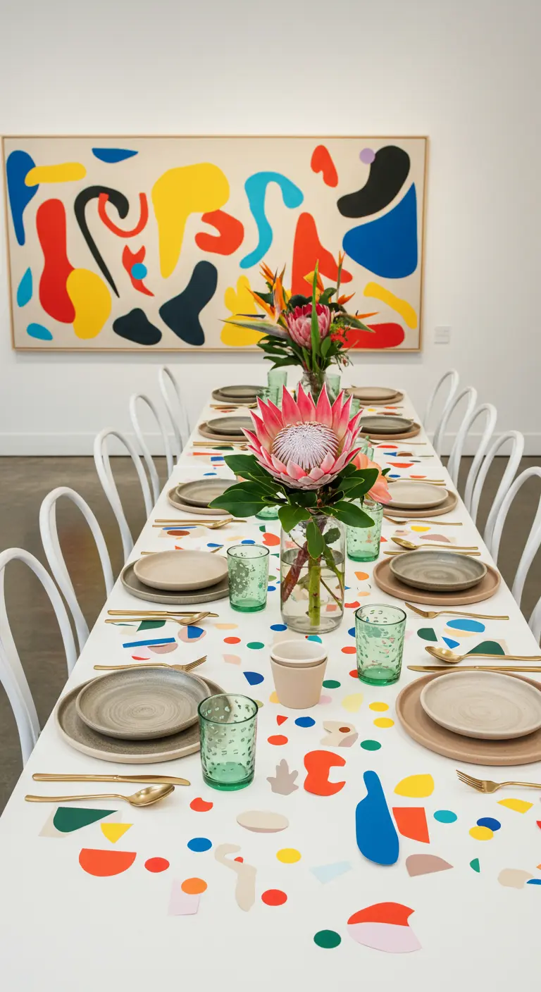 Modern tablescape with abstract paper confetti and a large protea flower.