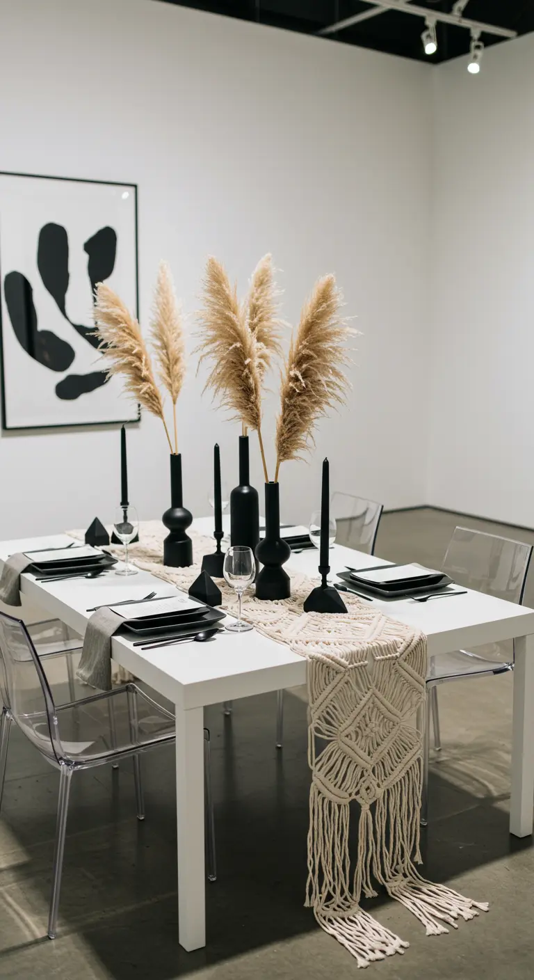 Modern minimalist table in an art gallery with black vases and a macramé runner.