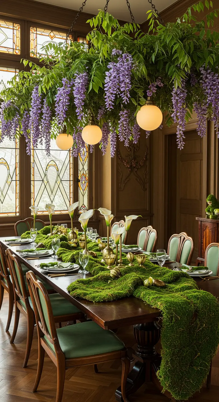 Stately dining room with a large wisteria and greenery installation over a long table.