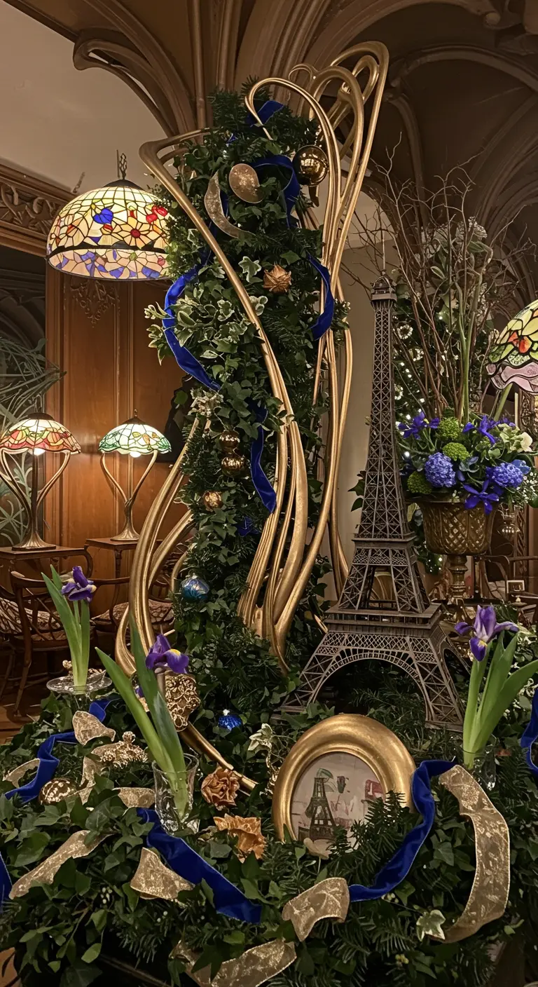 An Art Nouveau-inspired floral arrangement with gold swirls, blue ribbon, and an Eiffel Tower