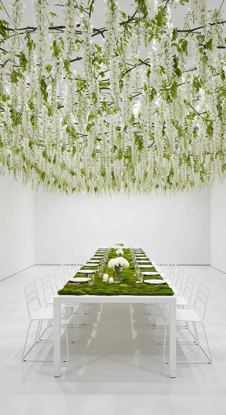 Minimalist white room with a long table, moss runner, and a dramatic white wisteria ceiling.