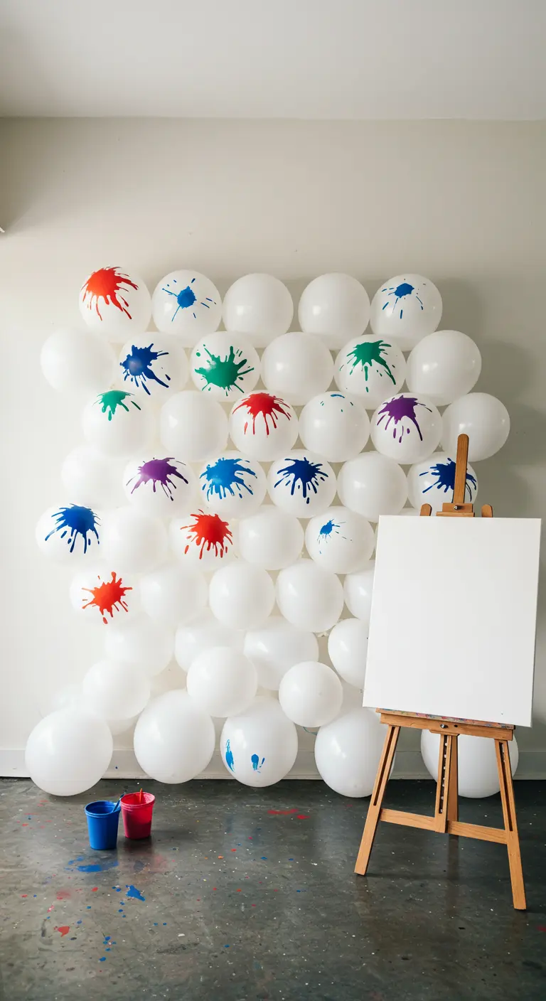 A wall of white balloons with colorful paint splatters on them.