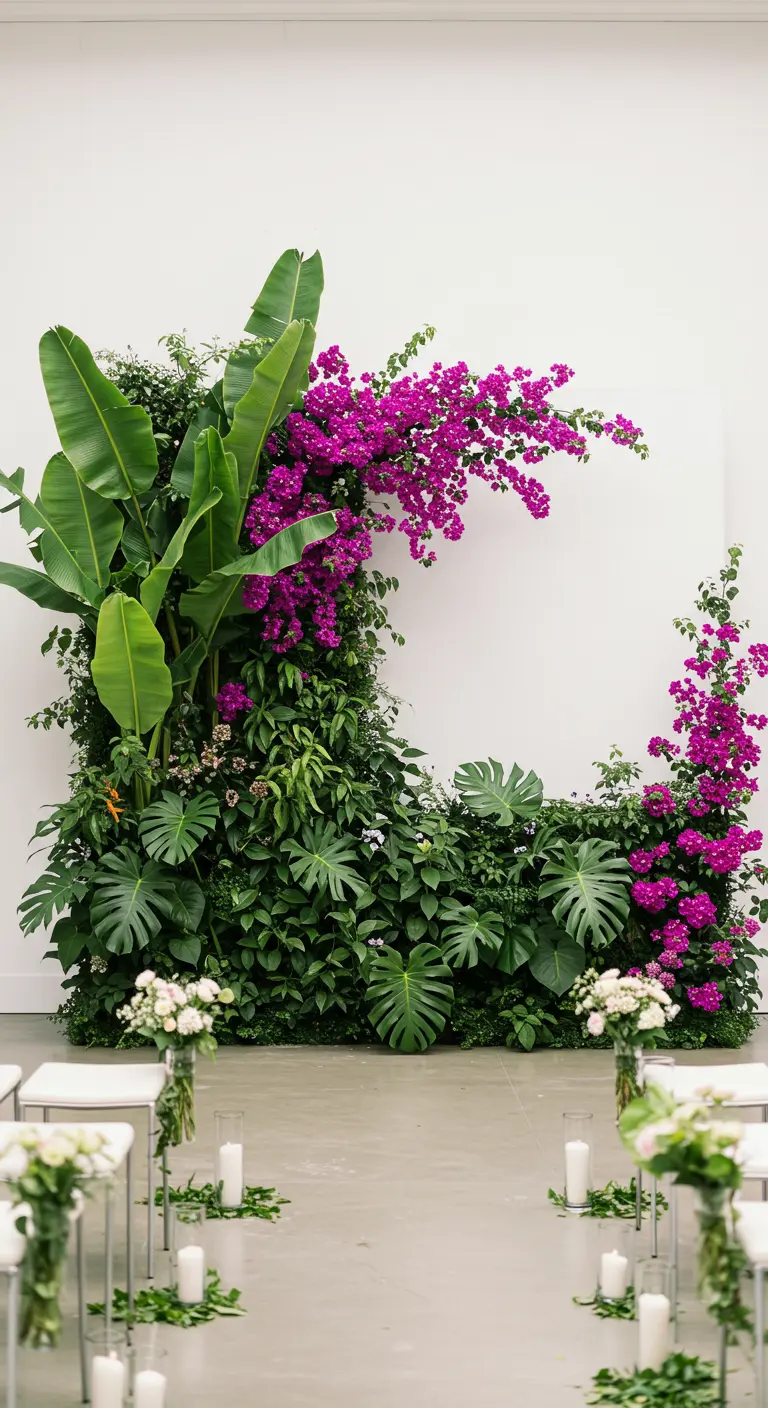 An asymmetrical wedding backdrop of lush greenery with vibrant pink bougainvillea climbing across it.