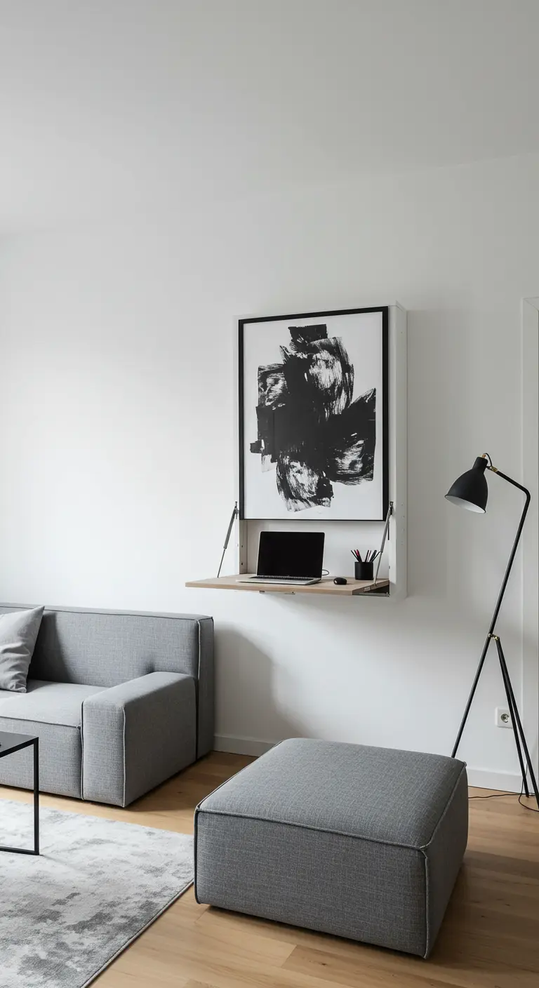 A minimalist living room with a fold-down wall desk that has a large abstract art print on its cover.