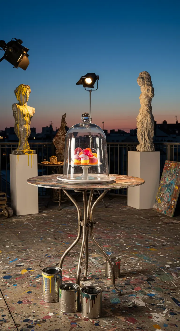 A dessert table in an artist's studio with paint-splattered floor, sculptures, and colorful cupcakes.