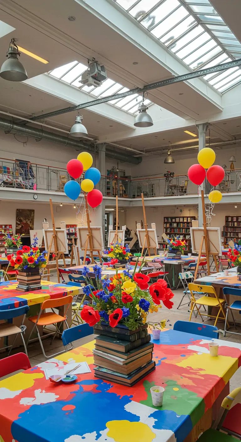 Art studio party with paint-splattered tables, book stacks with bright flowers, easels, and balloons.