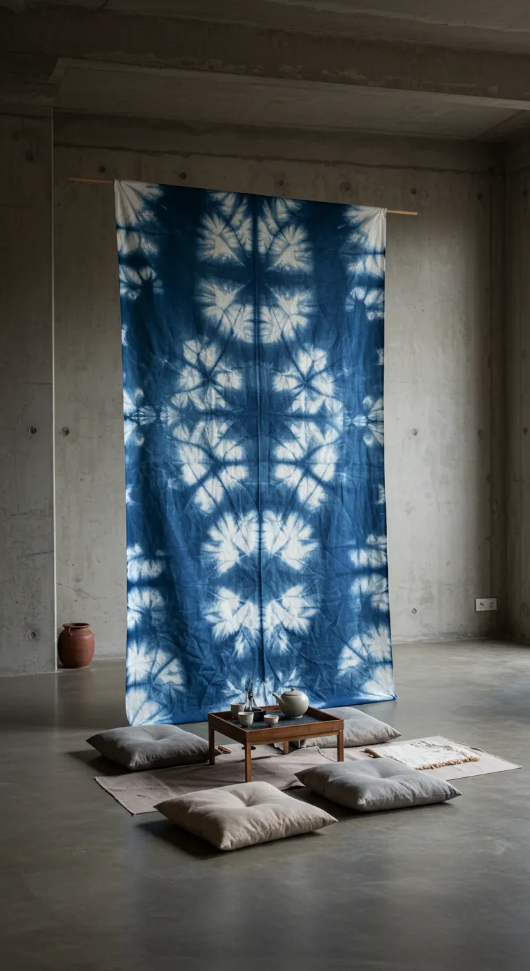 A large indigo shibori tie-dye tapestry hanging on a concrete wall