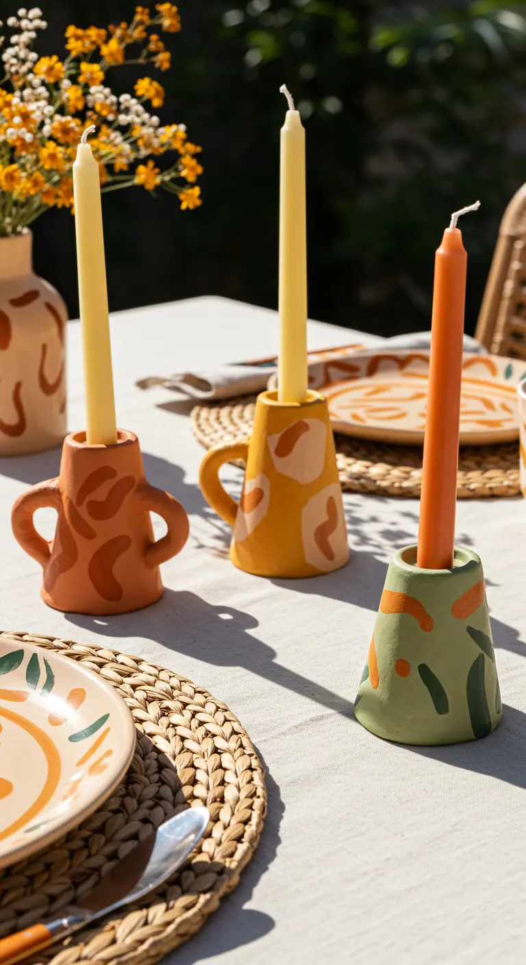 Handmade clay candle holders painted with abstract patterns in terracotta, yellow, and green tones.