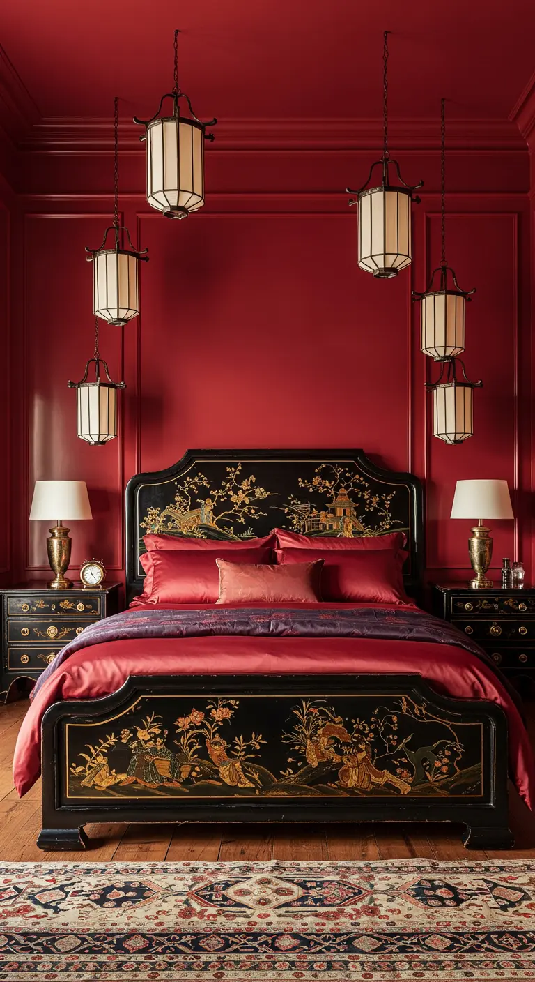 Red bedroom featuring a black lacquered bed with Chinoiserie details.