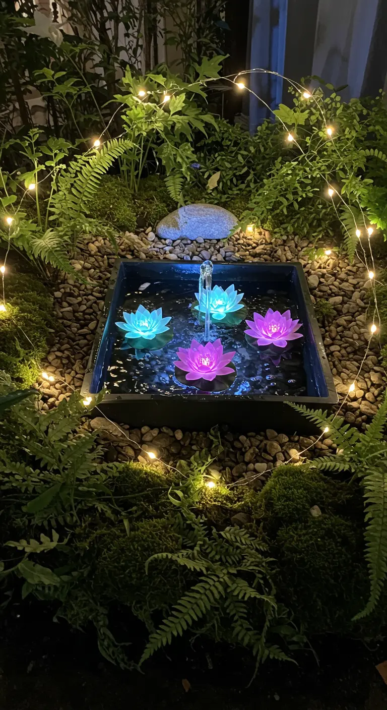 A small water feature with glowing lotus flowers, surrounded by ferns and fairy lights.