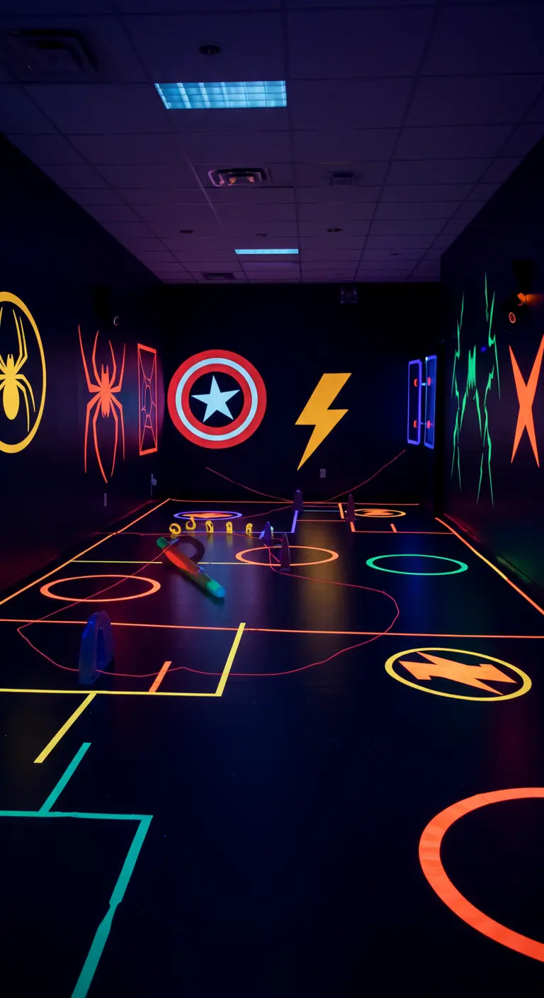 A DIY superhero obstacle course in a dark room, outlined with glowing neon tape and logos.