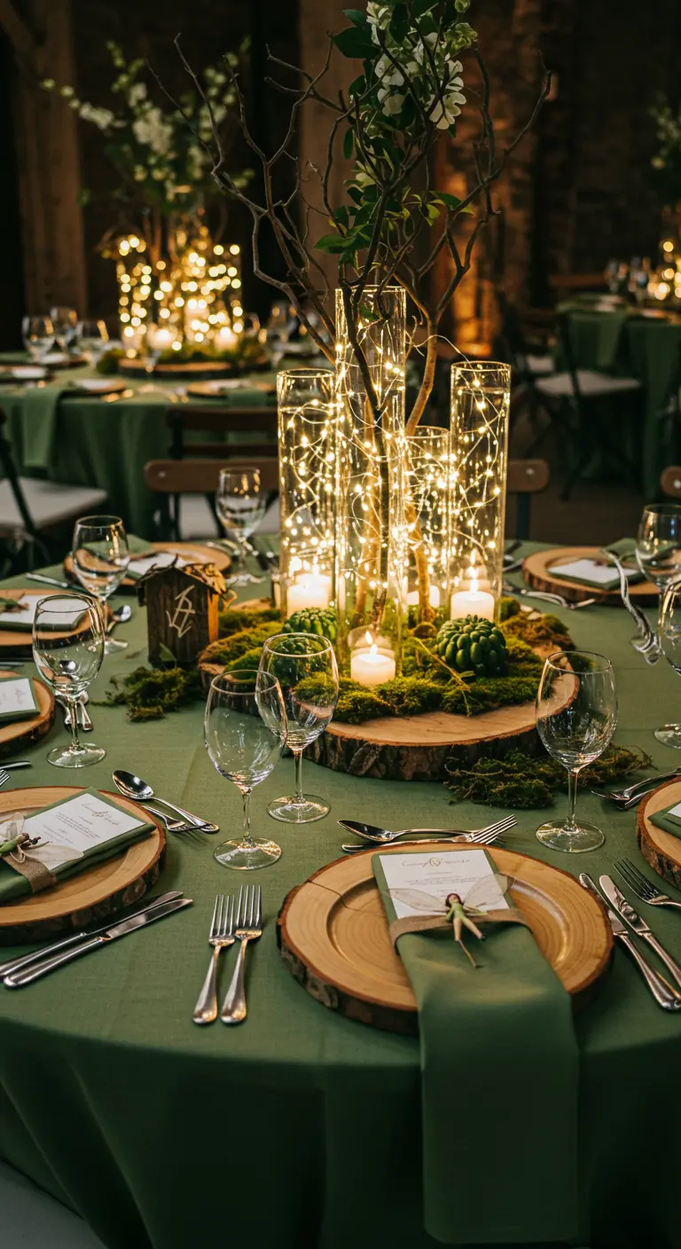 A table centerpiece with a wood slice, moss, candles, and glass cylinders filled with fairy lights.