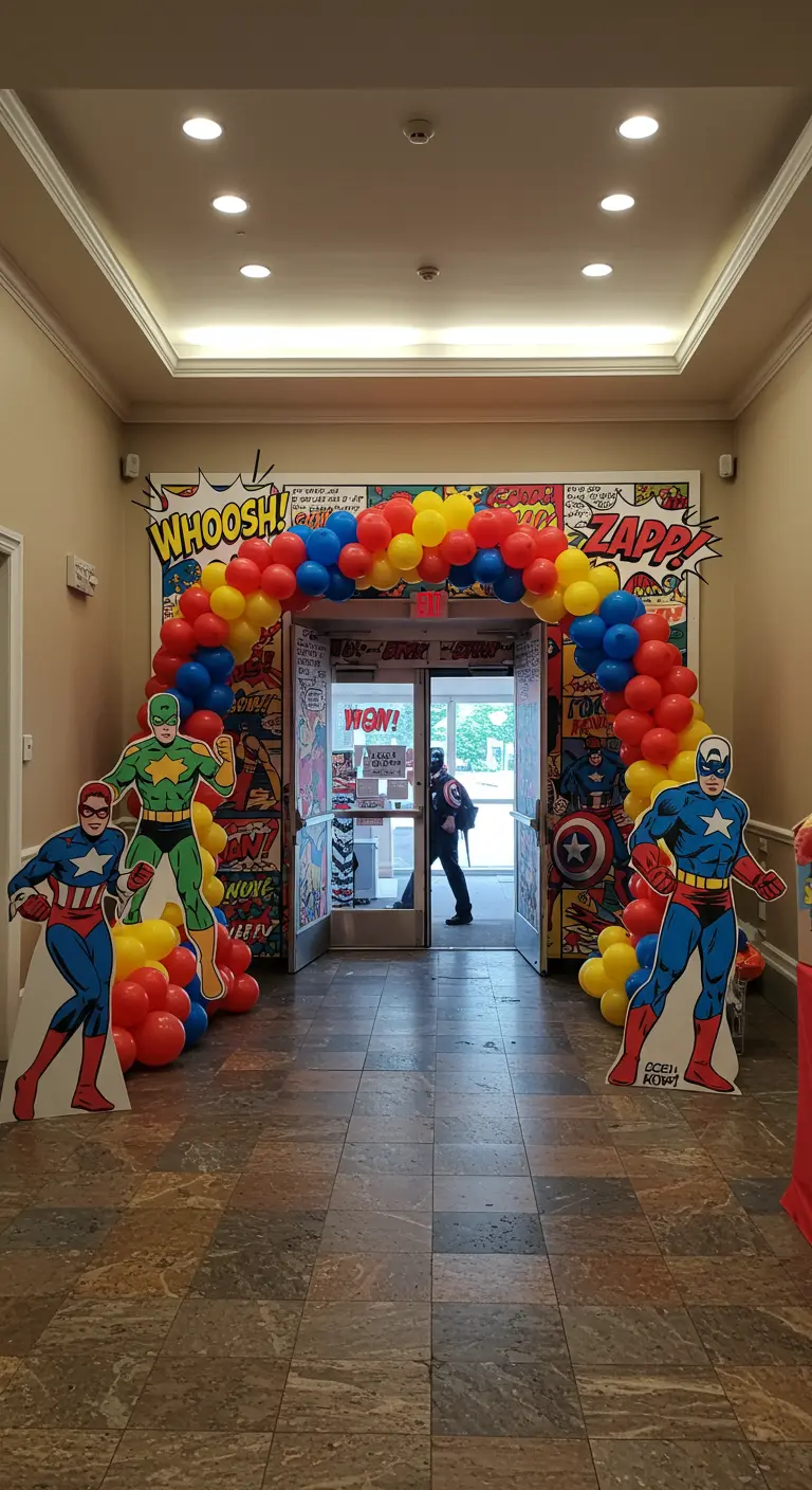 Superhero party entrance with a balloon arch and life-sized cutouts.