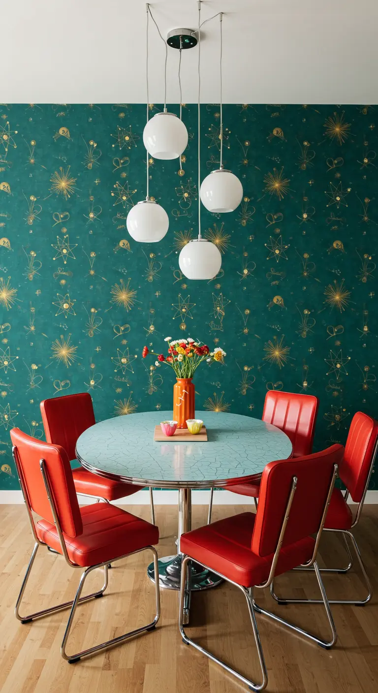 Retro dining set with red chairs and a mint green table against teal atomic-print wallpaper.