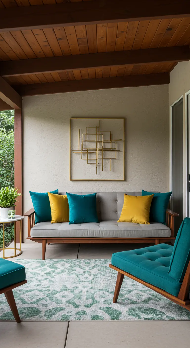 A mid-century modern sofa with teal and yellow velvet pillows and abstract gold wall art.