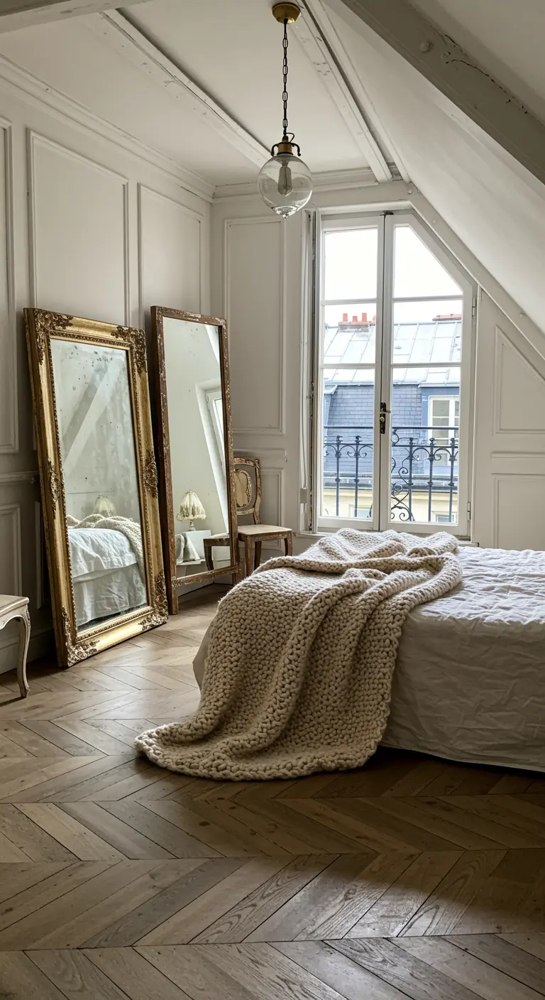 Attic bedroom with a sloped ceiling, two large gold-framed mirrors, and a chunky blanket.