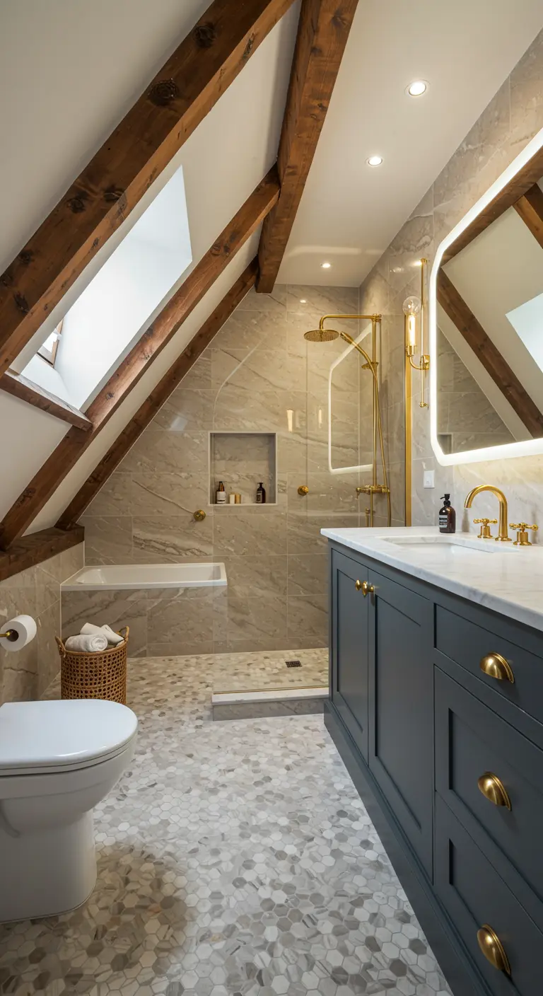 Attic bathroom with exposed wood beams, a charcoal gray vanity, and gold fixtures.