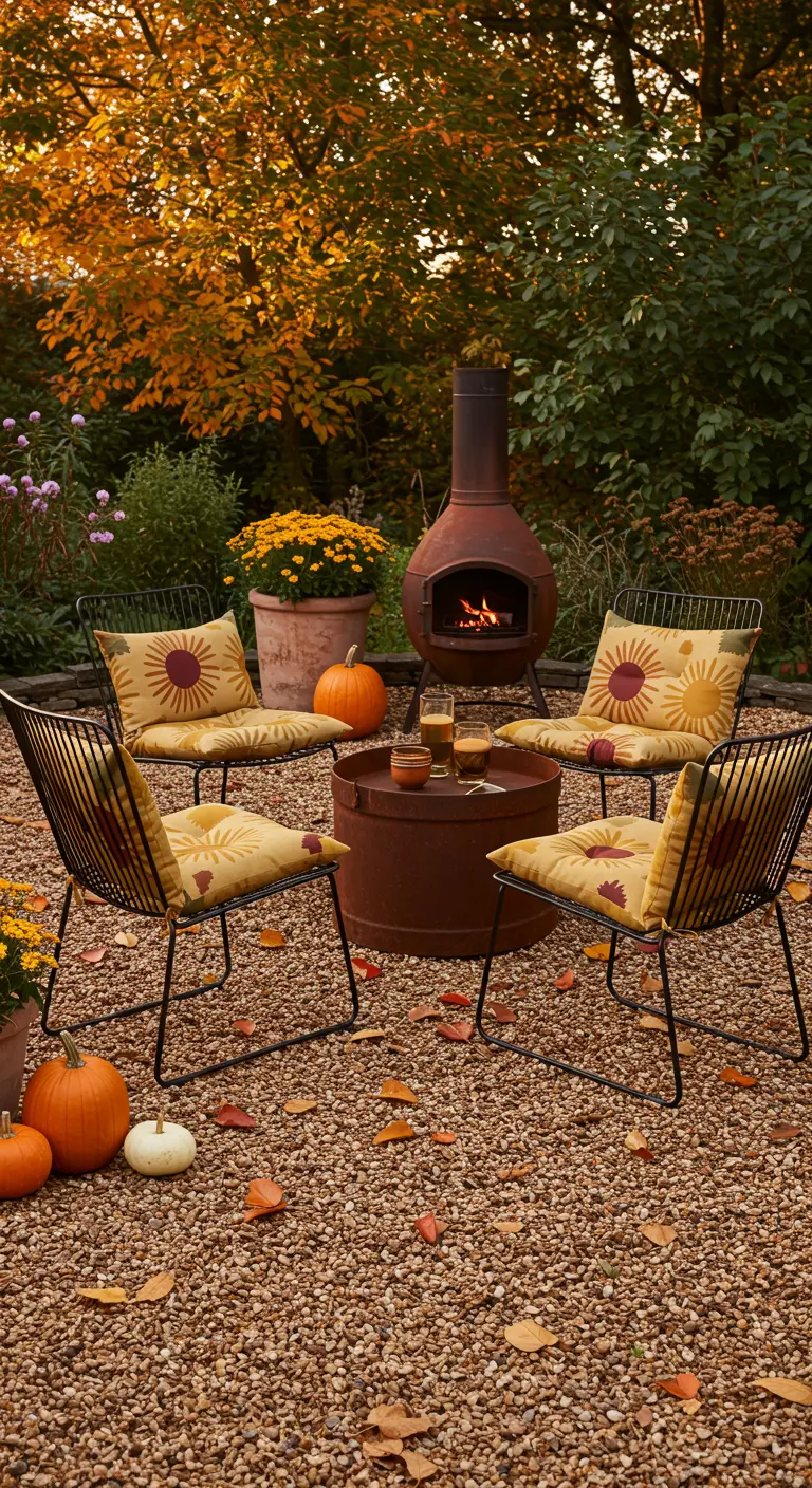Black wireframe chairs with yellow sunburst cushions around a chiminea on a gravel patio in autumn.