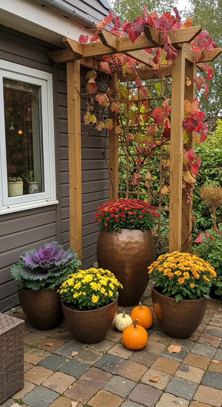 A fall-themed patio corner with a wood pergola, copper-colored planters, and chrysanthemums.