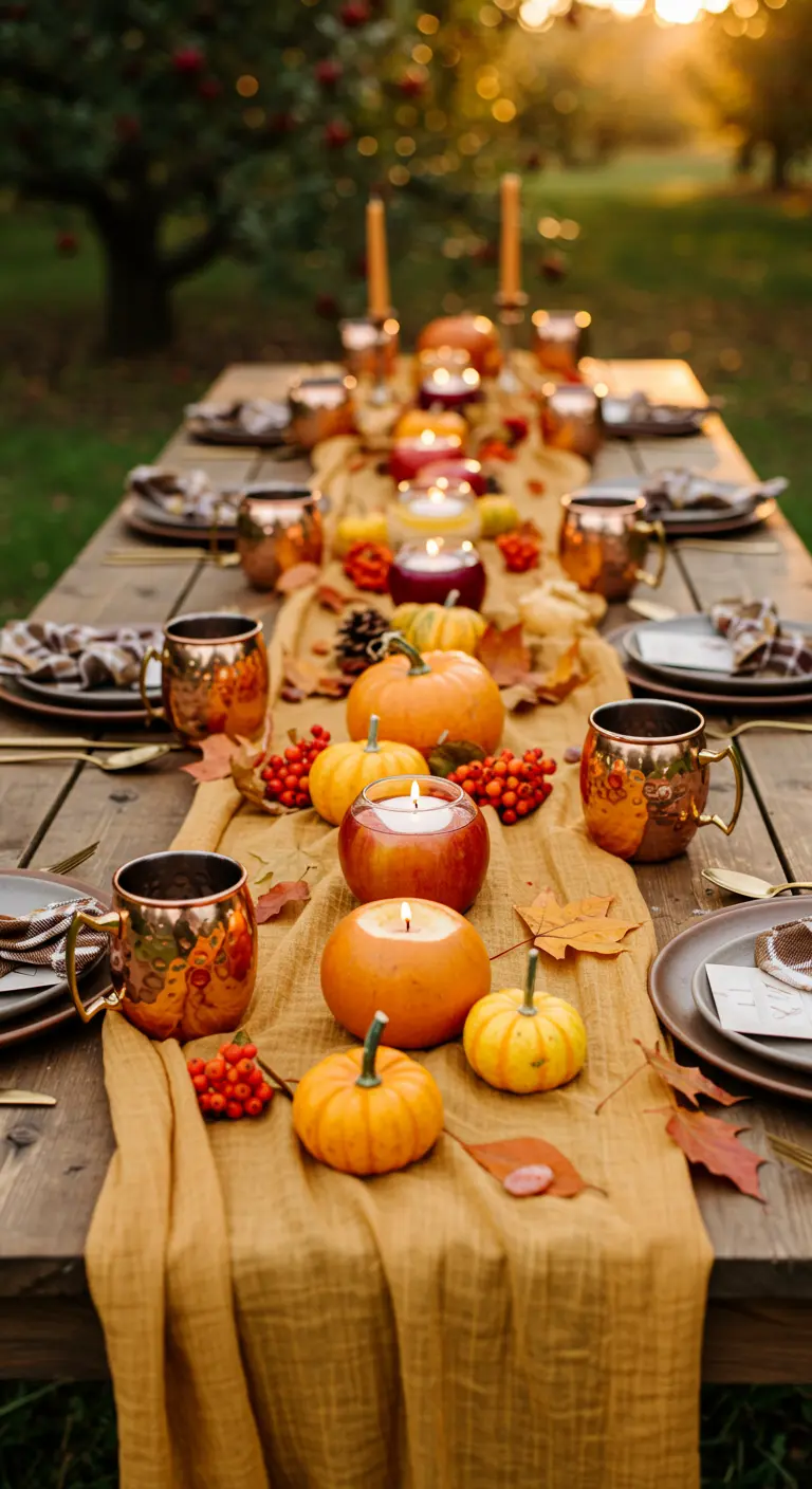 Autumnal table with a mustard runner, copper mugs, pumpkins, and candles in cored-out apples.