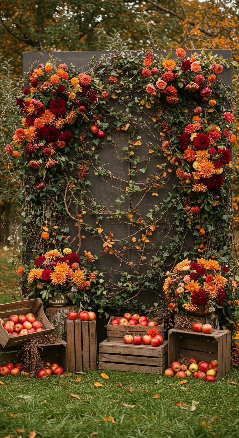 Autumn floral wall with orange dahlias and crates of apples.