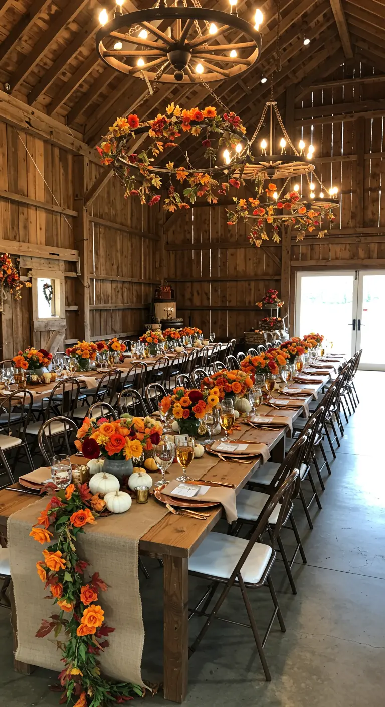 Autumnal barn wedding table with orange flowers and white pumpkins.