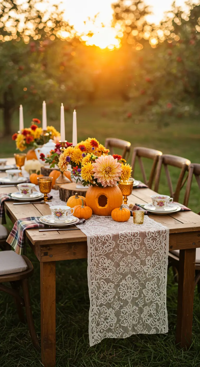 An autumn-themed tea party table in a garden with a pumpkin vase centerpiece and plaid runner.