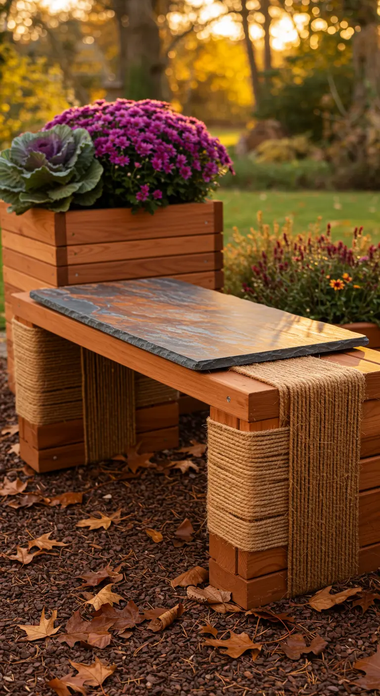A wooden planter bench wrapped in brown rope, with a slate seat and fall flowers like mums.