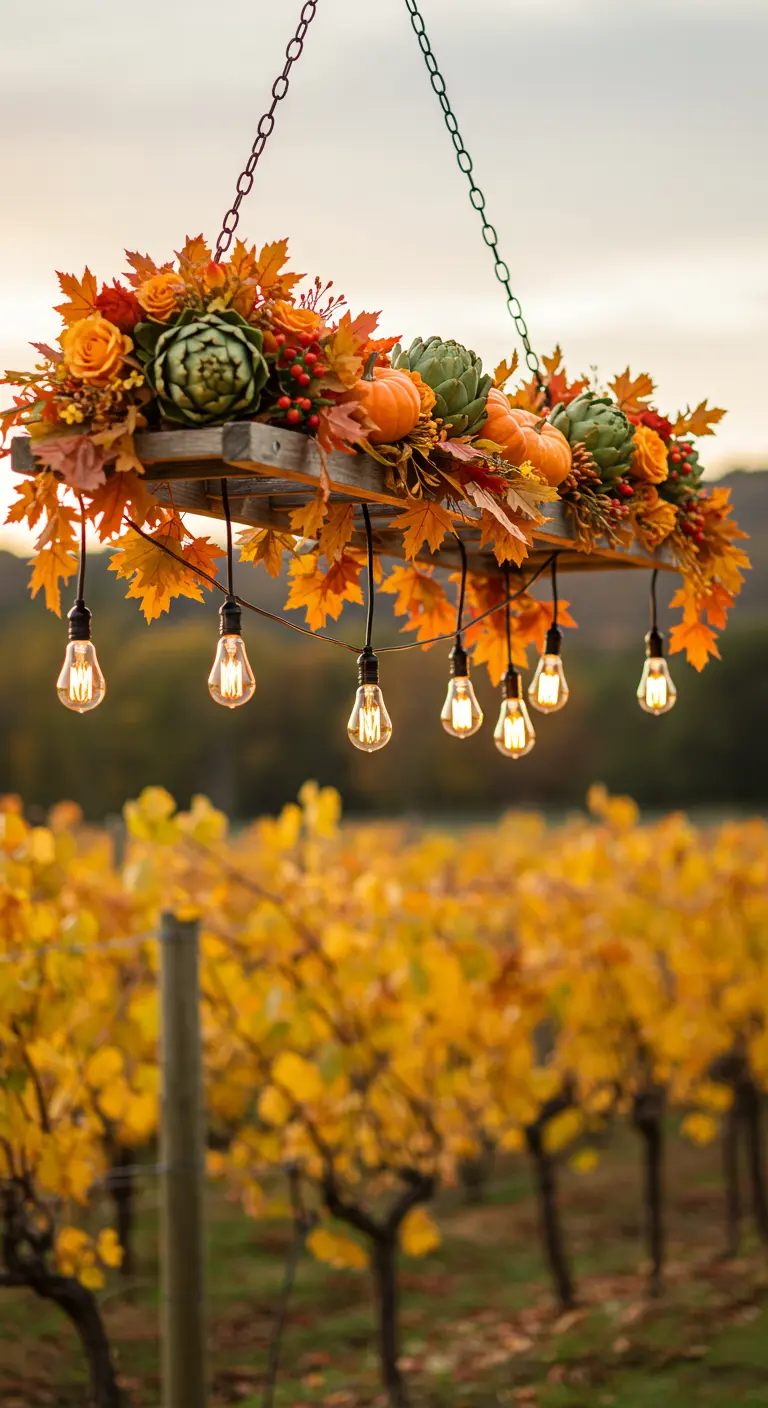 A wooden ladder hung horizontally, decorated with autumn leaves, pumpkins, and Edison bulbs.
